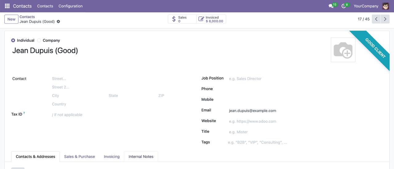 Odoo Client Status and Credit Rating Module interface showing customer classification ribbons